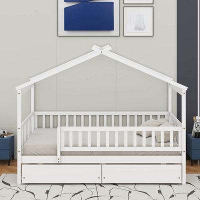 Twin wooden house bed with drawers