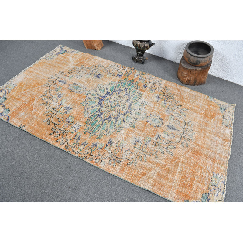Tapis rétro jaune Oushak: décoration turque authentique pour chambre à coucher ou espace de vie jaune / vert