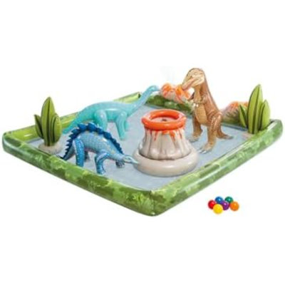 Jurassic Adventure Inflatable Kiddie Pool With Water Sprayer, Slide & Dinosaurs - 79" X 79" X 14" - Ages 2+