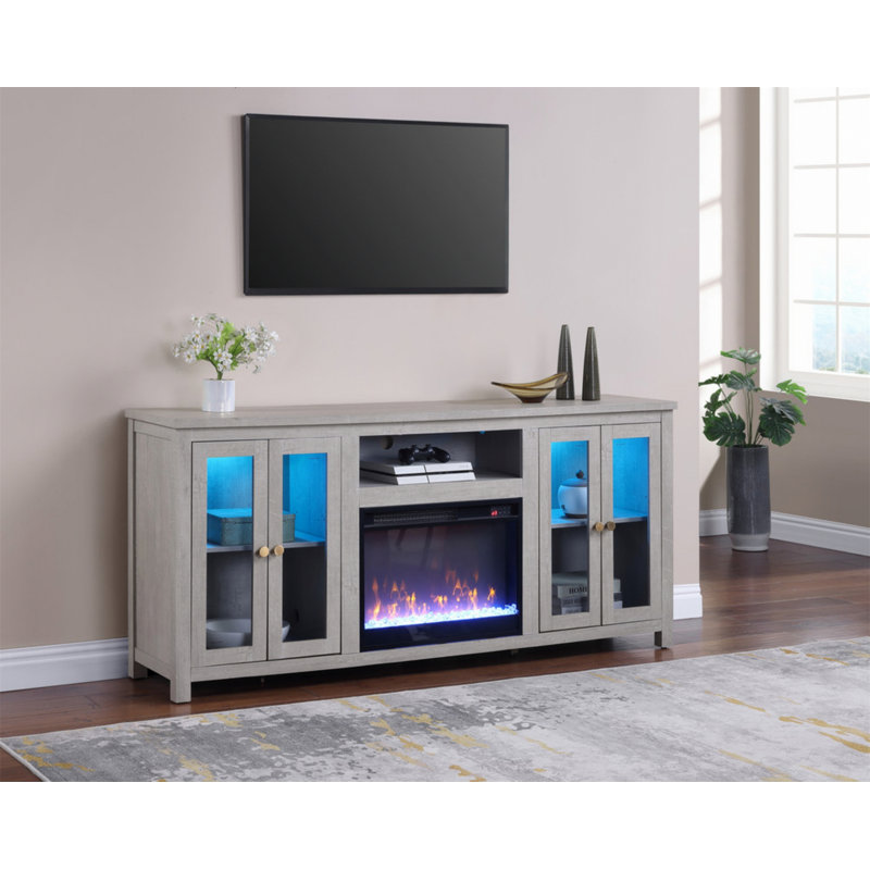 Console de meuble télé avec chauffage, lumière DEL et tablettes pour téléviseur de 65 po ou moins, Gris clair
