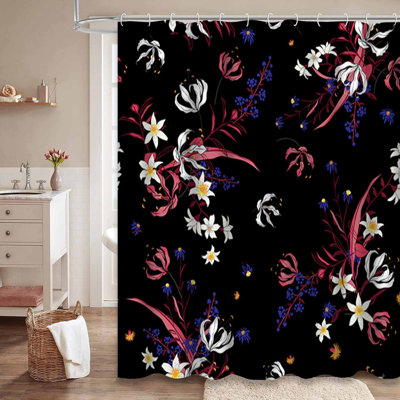 Dark Soft Floral Delicate Flowers Blue Shower Curtain with 12 Hooks