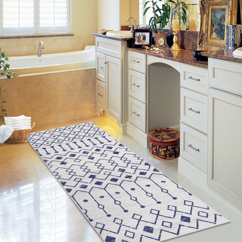 Washable Boho Farmhouse Area Rug Soft Non Slip Throw Carpet Mat, Blue, Tapis de couloir 2 pi x 6 pi