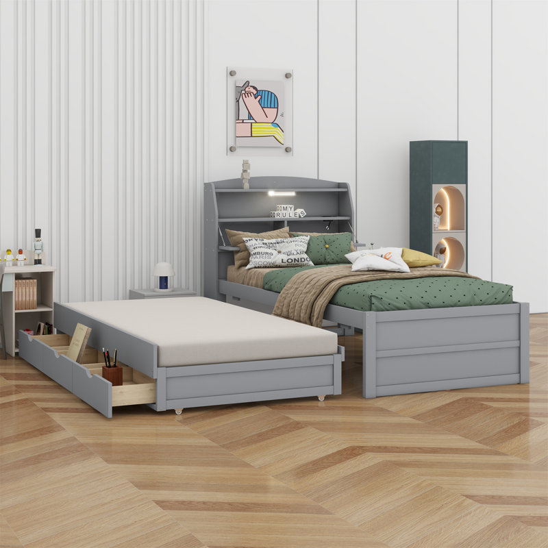 Lit plateforme en bois avec lit gigogne, tête de lit et tiroirs à DEL, Gris, Lit simple