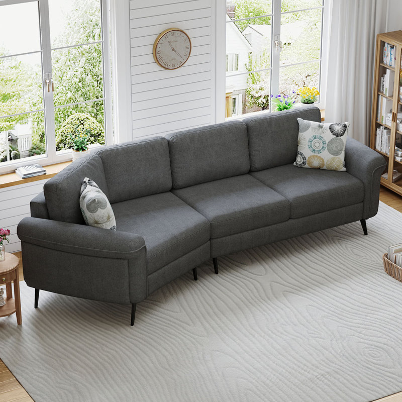 Canapé incurvé rembourré 3 places avec 2 coussins Rayan, Gris foncé