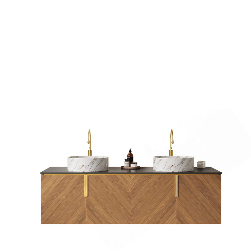 60" Bathroom Vanity&Sinks, Floating Plywood Bathroom Storage Cabinet With 4 Doors, 2 White Round Ceramic Basins With Stone Pattern&Black Sintered Stone Countertop, Brown Oak Woodgrain (New SKU)