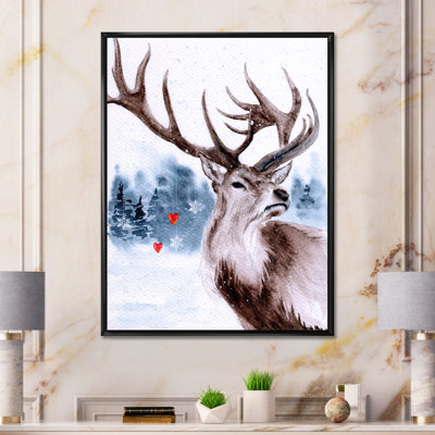 Paysage enneigé avec un renne et une forêt d'hiver - reproduction d'art sur toile traditionnelle
