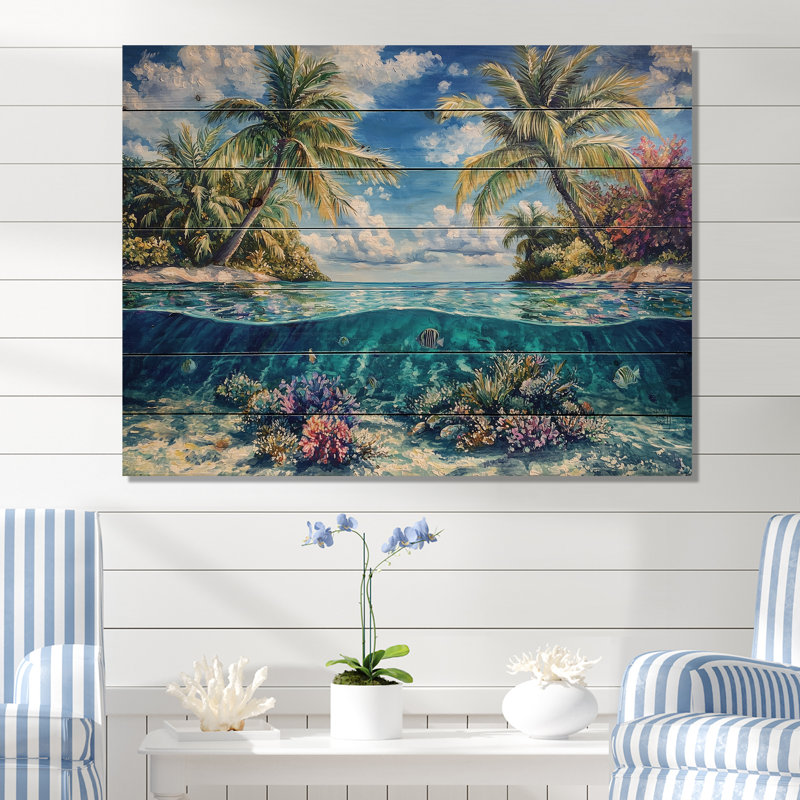 Biscayne Bay Paradise II - reproduction de bois bleu plage sur bois de pin naturel, H 34 po x l 44 po