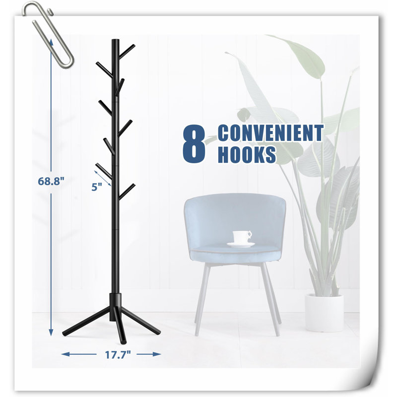 Lashonne Solid Wood Freestanding 8 - Hook Coat Rack, Black