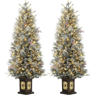 Arbre de Noël artificiel pré-éclairé avec lumières blanc chaud, arbre de Noël complet enneigé 4,5 pi avec 8 modes d'éclairage, arbre de Noël pré-éclairé avec 386 branches, base 200 lumières et base antique, 2 PCS