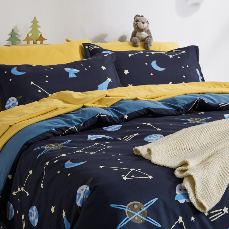 Twin Navy Blue and Yellow Galaxy Microfiber Duvet Cover Set