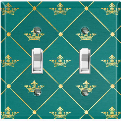 Metal Light Switch Plate Outlet Cover (Damask Golden Fleur De Lis Crown Elegant Green - Single Toggle)