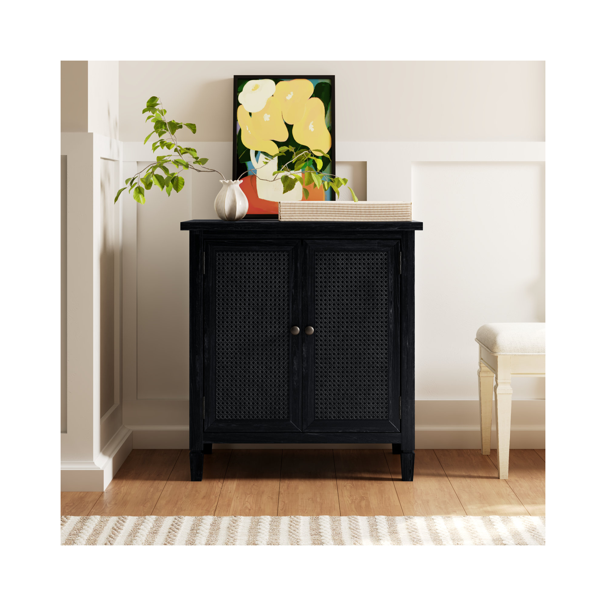 Charleston 2-Door Cane Cabinet, Washed Black