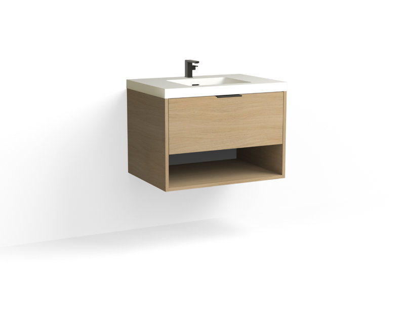 Modo 30" W Wall Mounted Single Bathroom Vanity, Glossy White/8" Widespread, Biondo, Polished Nickel