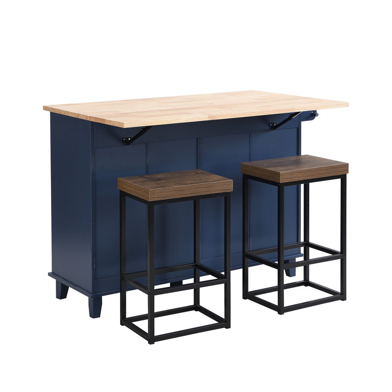 TOPMAX Farmhouse Kitchen Island Set With Drop Leaf And 2 Seatings, Blue
