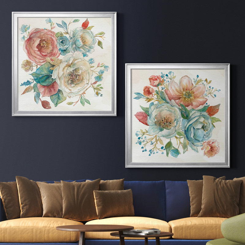 " Rose Garden I " 2 - Pieces, 17.5" H x 35" W x 1.5" D, No Mat, Silver Framed Canvas