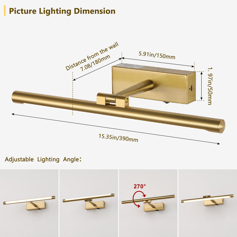 Brass 15 in. LED Picture Light with Remote Control Dimmable Multiple Color Temperatures Rotatable and Timer