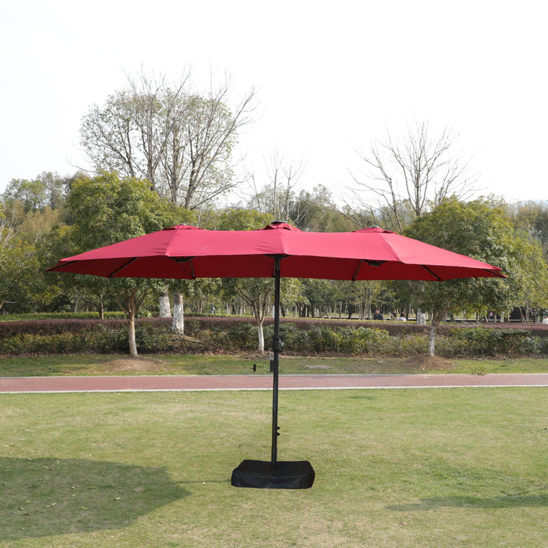 15X9Ft Double-Sided Twin Patio Umbrella Large Rectangular Outdoor Market Umbrella With Solar Lights & Heavy-Duty Base, Red
