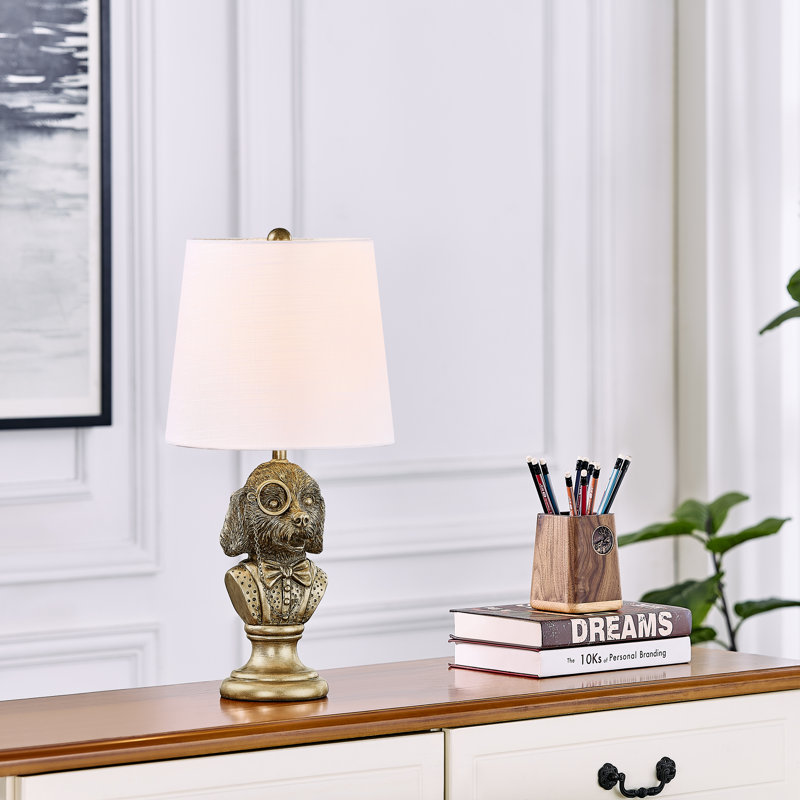 Lampe de table buste en résine dorée 20 "avec abat-jour en lin, Doré, Blanc