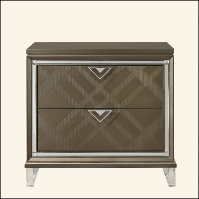 Table de chevet moderne en bois foncé avec 2 tiroirs et pieds en acrylique