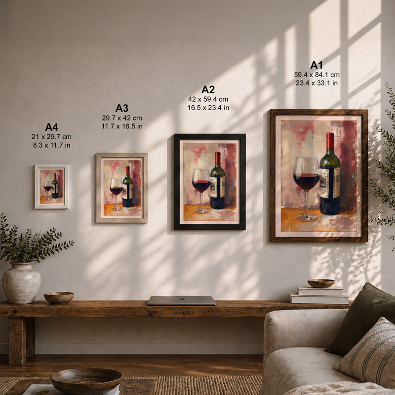 Wine & Glass Boho - Framed Print, Black, A3 - 42.0 x 29.7 cm