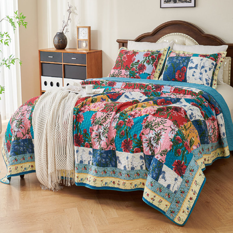  Ensemble de courtepointe à motif floral en coton rouge / bleu, Courtepointe très grand et 2 très grandes taies