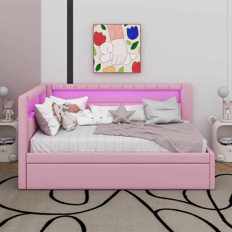 Lit plateforme avec ports USB, Lit double, Rose