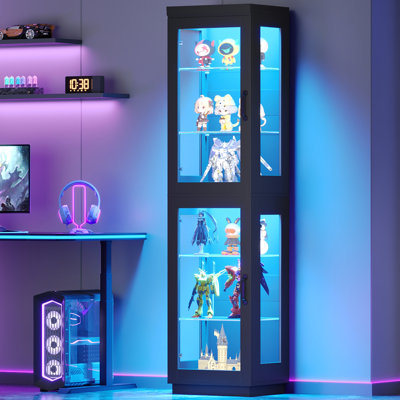 Vitrine en verre de 175 cm (69 po), vitrine à 6 niveaux pour objets de collection, éclairage DEL 6000 couleurs, portes et panneaux latéraux en verre trempé, vitrine noire pour objets de collection
