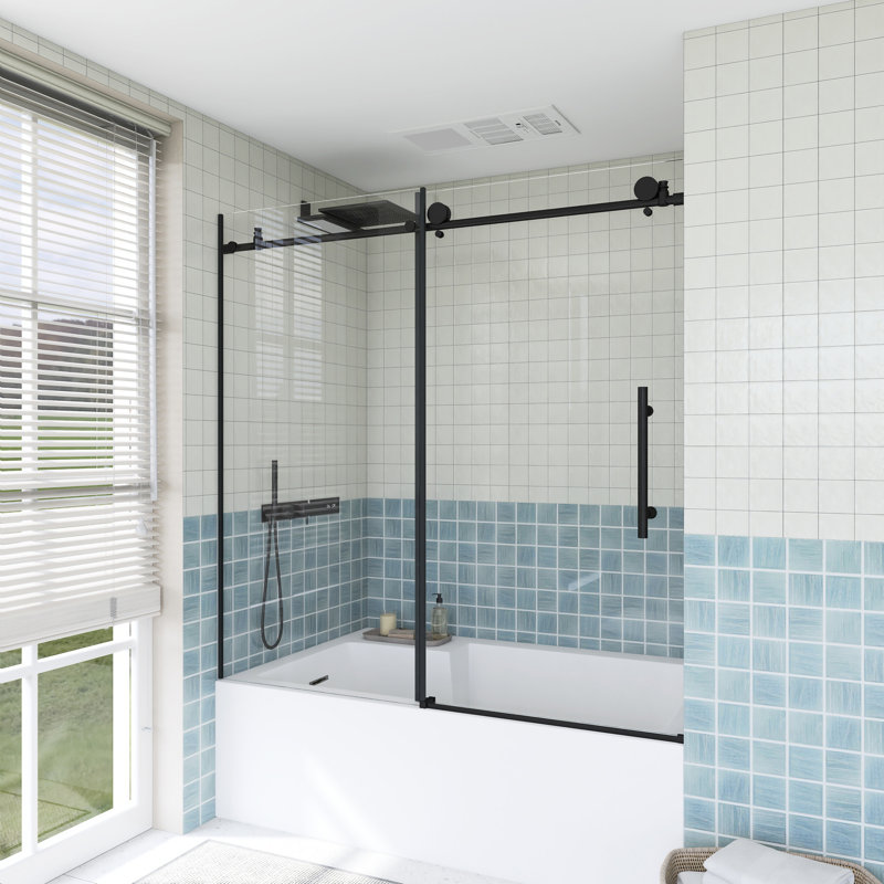 56-60" W × 60" H Single Sliding Semi-Frameless Tub Door, Matte Black