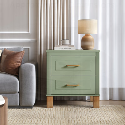 Table de chevet 2 tiroirs, rangement en bois de qualité supérieure avec design cannelé élégant, pieds en bois massif et poignée en métal, grande table de chevet pour la chambre à coucher et le salon