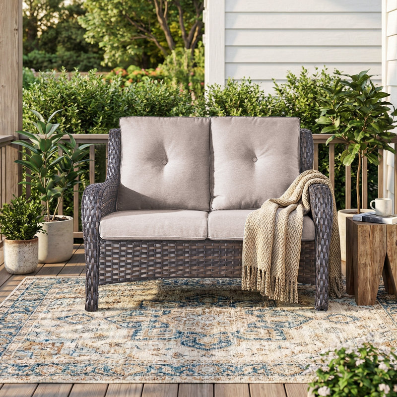 Ambarvale 53'' Wide Straight Wicker Loveseat with Cushions, Beige, Brown
