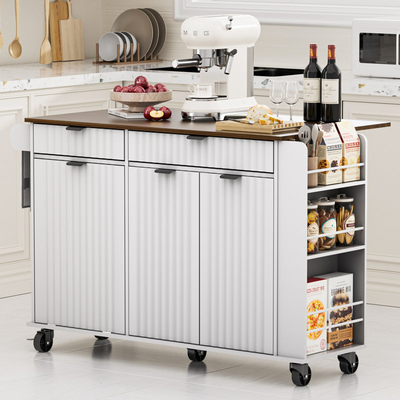 47" Kitchen Island With Wavy Door, Hidden Trash Storage & Drop-leaf Countertop, Rolling Kitchen Cart With Spice Rack, Drawers And Locking Wheels, Mobile Island Table For Kitchen