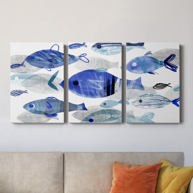 Fish Parade II - Toile tendue avec châssis de qualité supérieure - Prêt à être accroché, H 36 po x l 72 po x P 1 po