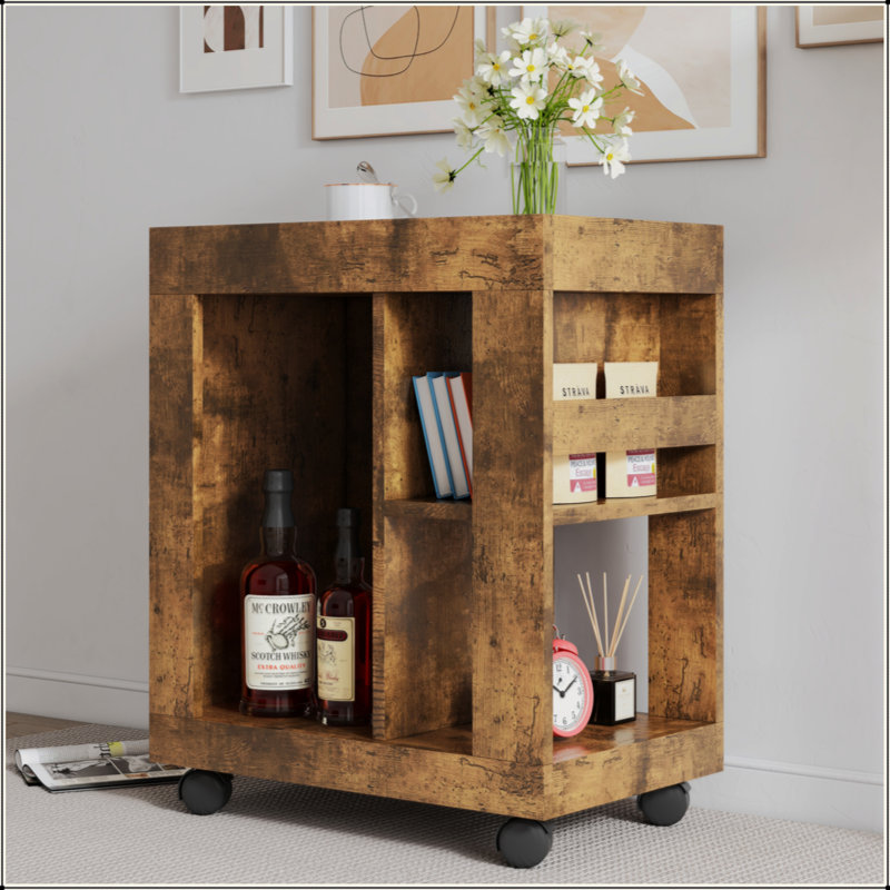 Mid-Century Modern Style Movable Side Cabinet For Sofa, Household Brown Trolley Storage Locker And Shelf For Living Room