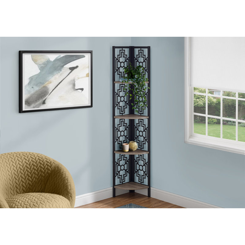 Bookshelf, Bookcase, Etagere, Corner, Office, Bedroom, Brown Laminate, Black Metal, Transitional, Taupe