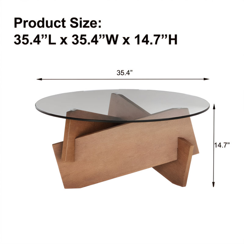 Table basse ronde moderne avec plateau en verre trempé et base en placage de bois massif