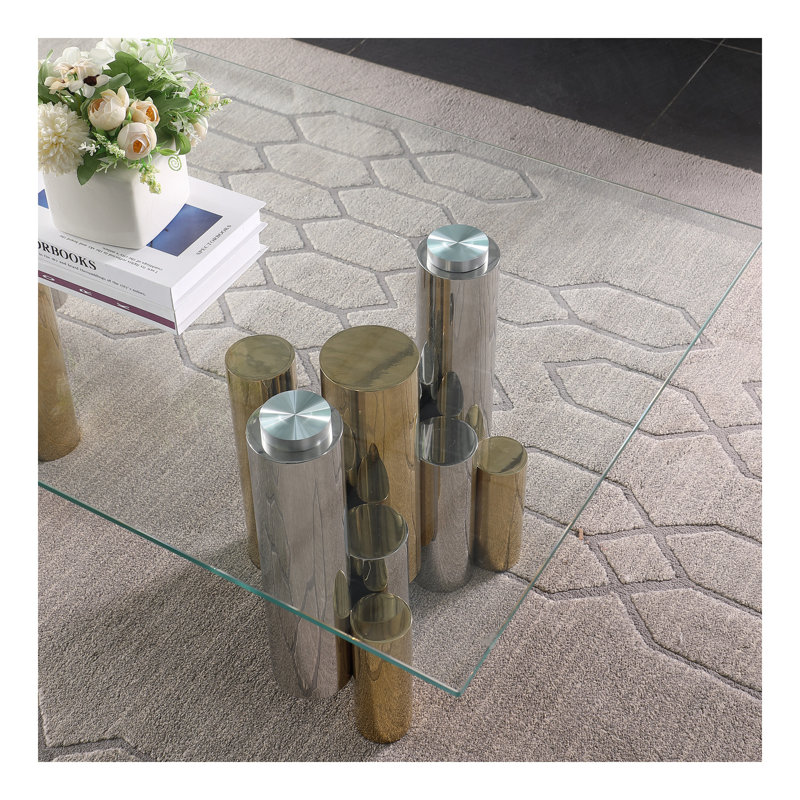 Table basse d'appoint rectangulaire en verre en acier inoxydable pour le salon - table de centre moderne et élégante de 48 po avec verre trempé transparent
