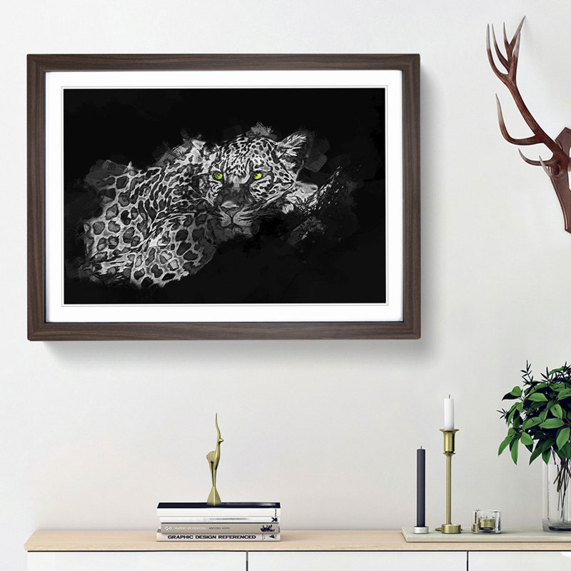 Leopard with Green Eyes High in Abstract - Picture Frame Graphic Art Print, 27cm H x 36cm W x 2cm D, Walnut Framed