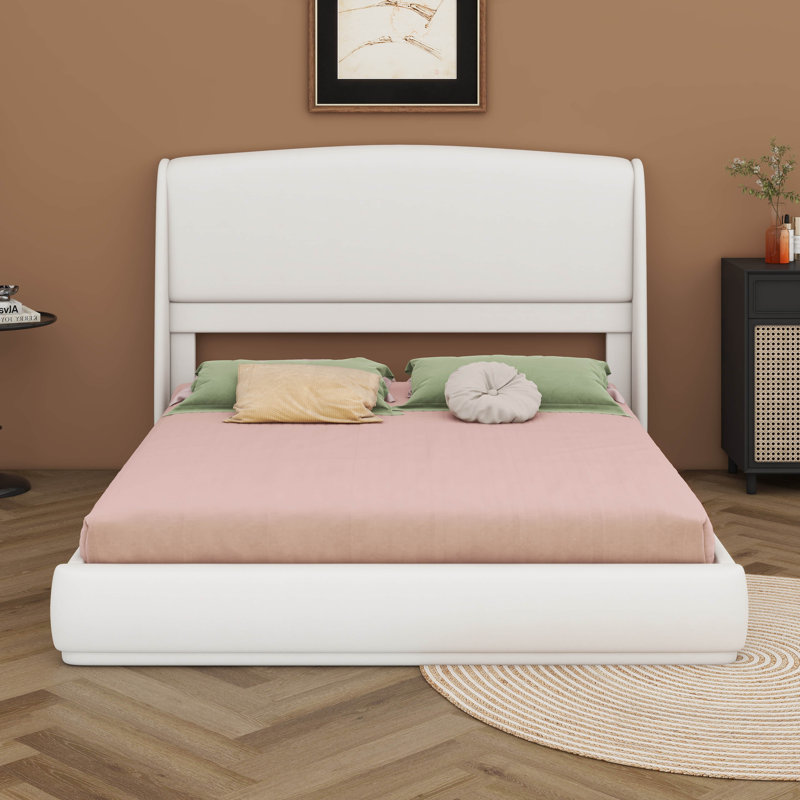 Structure de lit grand rembourré avec tête de lit à oreilles, lit plateforme à profil bas, Beige