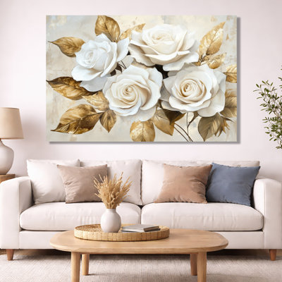Gold Leaf Floral Canvas, White Rose Wall Art, White Roses With Golden Leaves