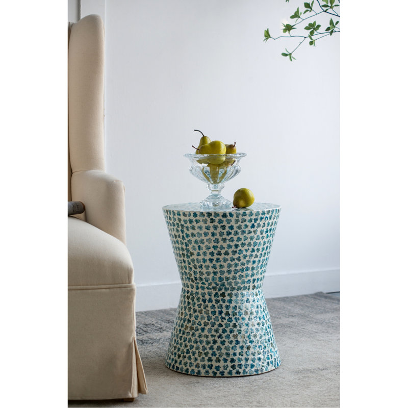 Tabouret d'appoint rond fuselé, table d'appoint incrustée bleue - fonctionnel bohémien