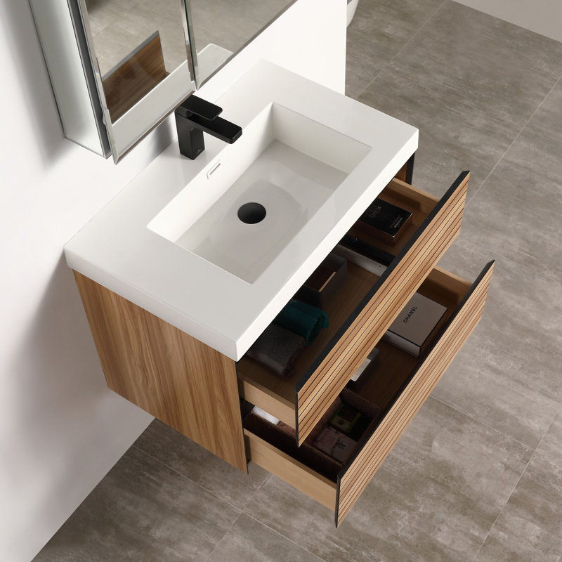 Meuble-lavabo flottant 30 po avec lavabo - Armoire murale tout en bois avec tiroirs à fermeture en douceur, conception à dossier ouvert et plateau en acrylique durable