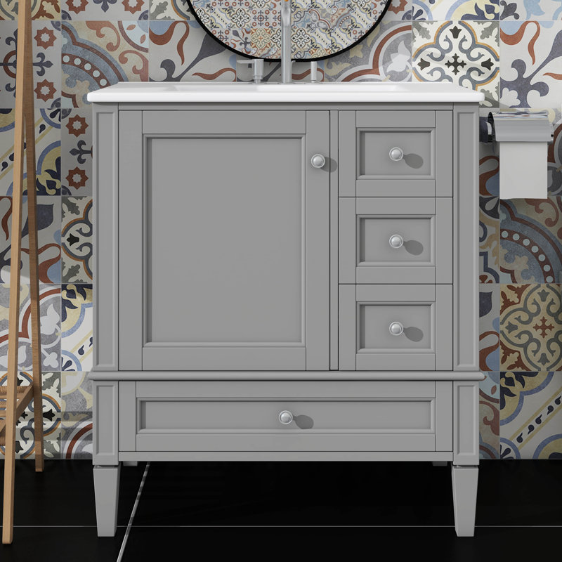 Meuble-lavabo 30 po avec lavabo en céramique, unité avec 3 tiroirs, Gris