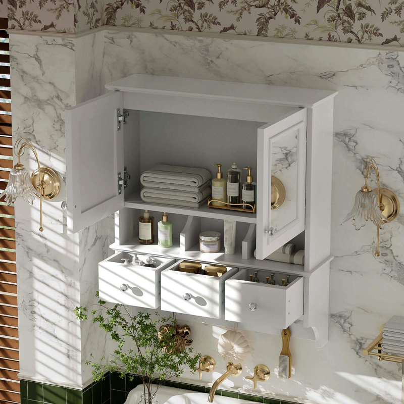 Armoire de toilette 4 en 1, armoire à pharmacie murale de 24 pouces avec tiroirs et crochets de rangement, miroirs haute définition avec rangement pour meuble-lavabo de salle de bain