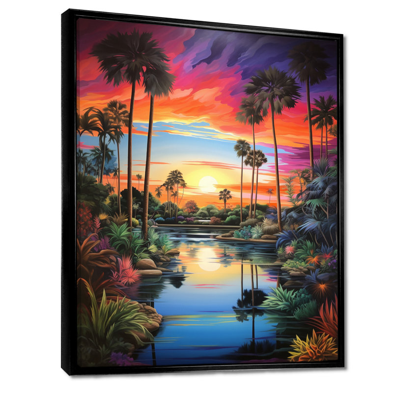Coucher de soleil sur une oasis tropicale avec palmiers - art mural de rivière, salon, H 20 po x l 12 po x P 1 po