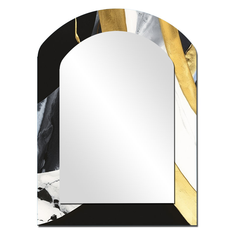Black And Gold Harmony Of Marble IV - Marble Arch Mirror, Black Asymmetrical Unique Wall Mirror, Printed Metal Art, 34" x 25"