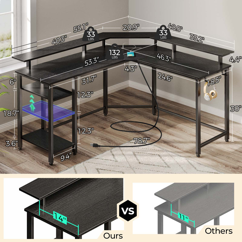 Lameen L Shaped Computer Desk with Power Outlets & RGB Lights, Corner Desk with Monitor Shelf, Rustic Brown