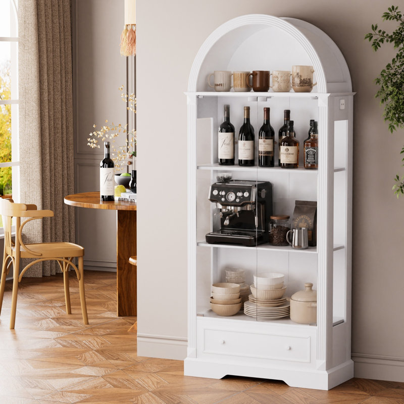 Vitrine cintrée de 31,50 × 13,80 × 70,90 po (70,9 po de hauteur) avec portes vitrées, meuble de rangement de cuisine monobloc en verre blanc.