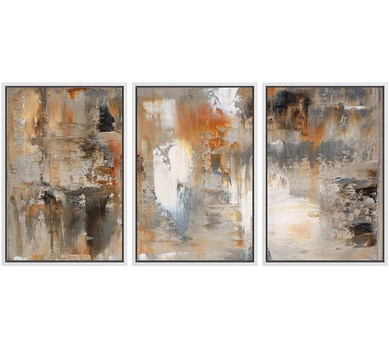 «Black, White and Orange Brushstrokes Abstract Shapes Chic Ultra on Canvas», reproduction de 3 pièces, H 24 po x l 48 po