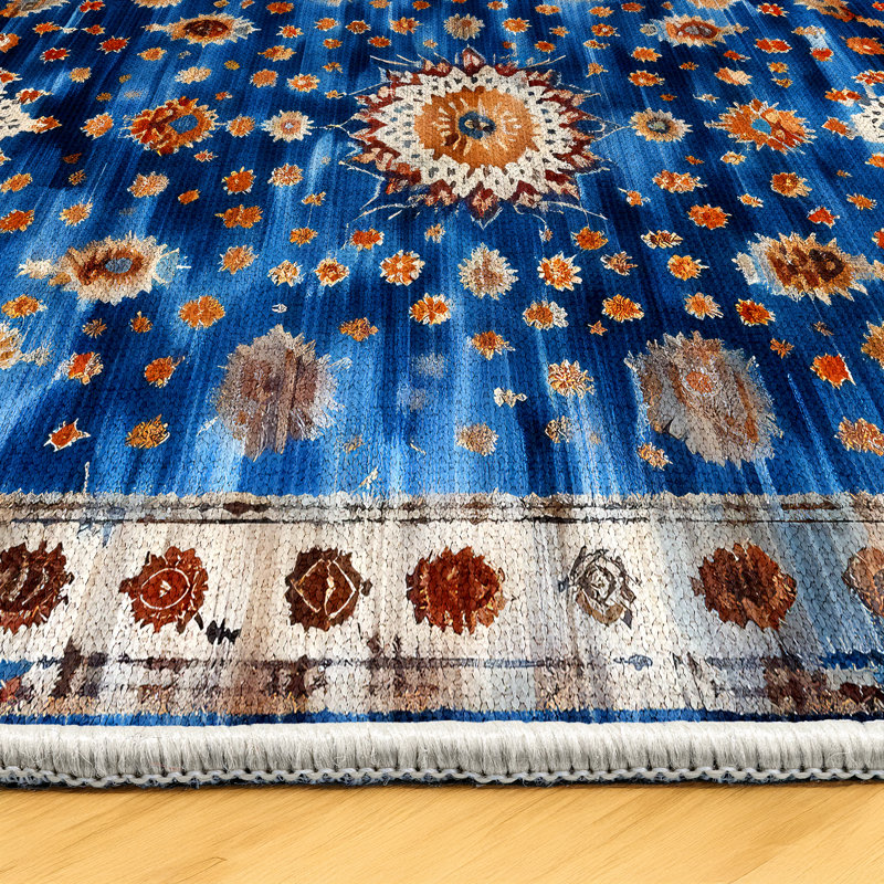 Nouvelle Collection Digital Print Cotton-Polyester Navy Blue Moroccan Rug, Runner 2'8" x 6'7"