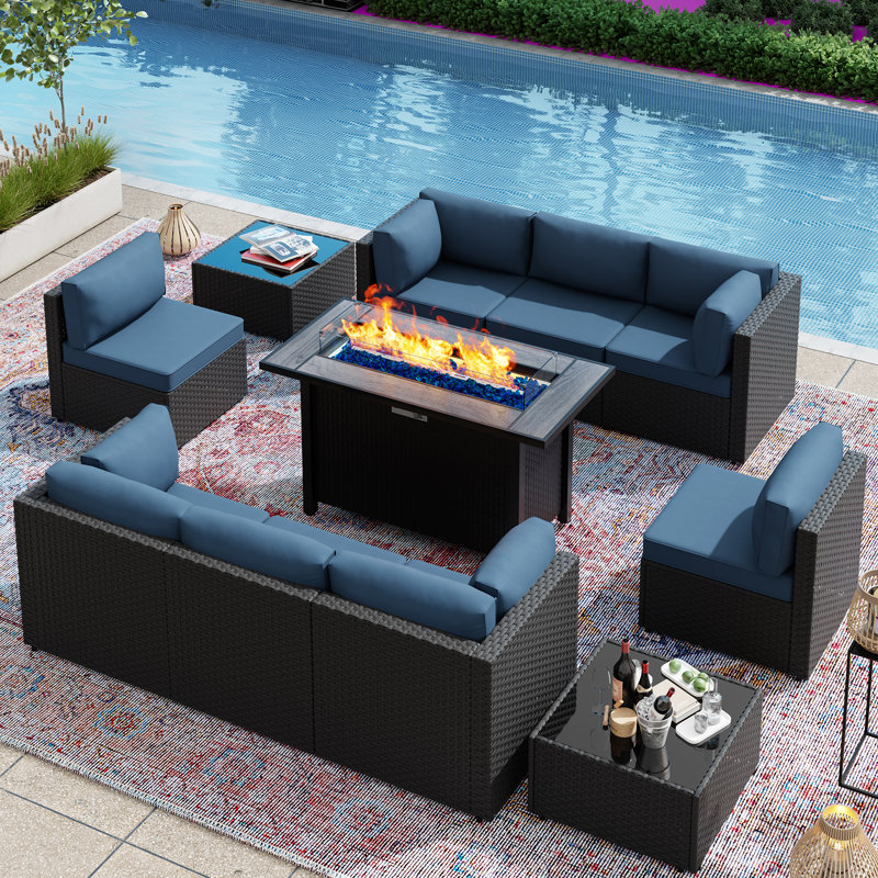  Ensemble de patio extérieur 11 pièces avec foyer au propane, Marine, Noir